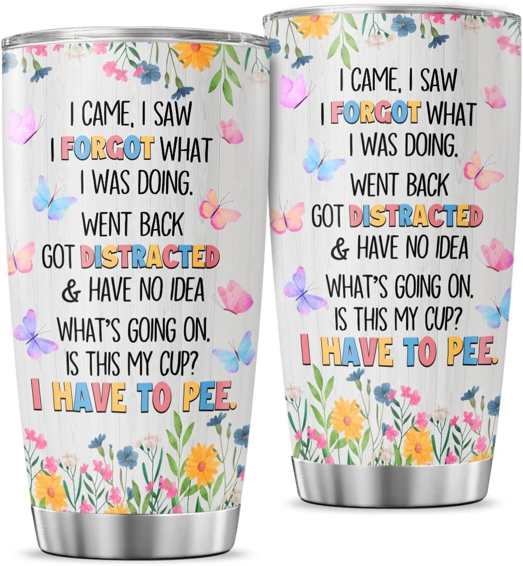 Funny Quote Travel Mug for Women Men, 20oz Stainless Steel Insulated Tumbler with Floral Butterfly Design, Sarcastic Saying Gift for Seniors, Mom, Dad, Retirement, Birthday