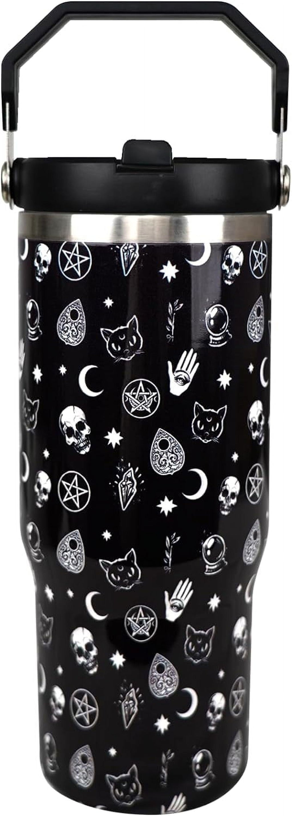 Gothic 30 oz Tumbler with Handle and Flip Straw，Stainless Steel Double Wall Insulated Travel Bottle with Top Handle Lid, Spill-Proof Tumbler with Straw and Handle for Men Women
