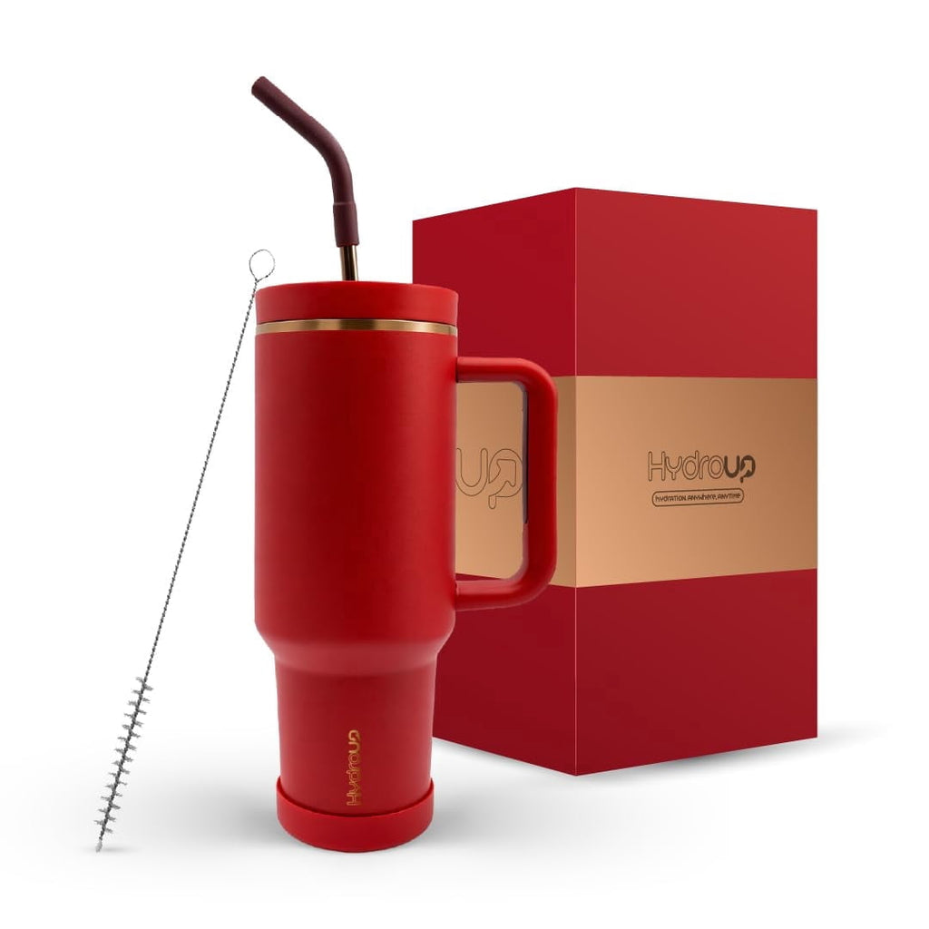 HYDROUP 40oz Travel Tumbler Cup with Handle, Two-Way Slider Lid, Stainless Steel Straw with Silicone Tip, Vacuum Insulated Water Bottle for Hot & Cold Drinks, Great Gifts for Mom (Red Gold)