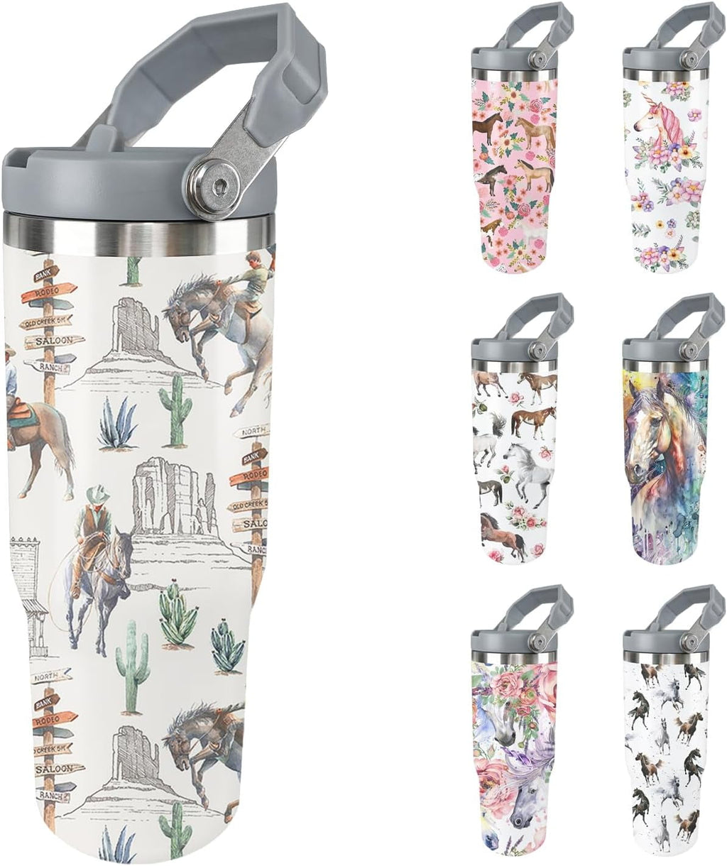 Horse Tumbler with Lid and Straw Stainless Steel Tumblers 30 Oz Insulated Horse Water Bottle Tie Dye Cup Mug with Handle Horse Gifts for Women Men Gift for Horse Lovers - Insulated Tumbler