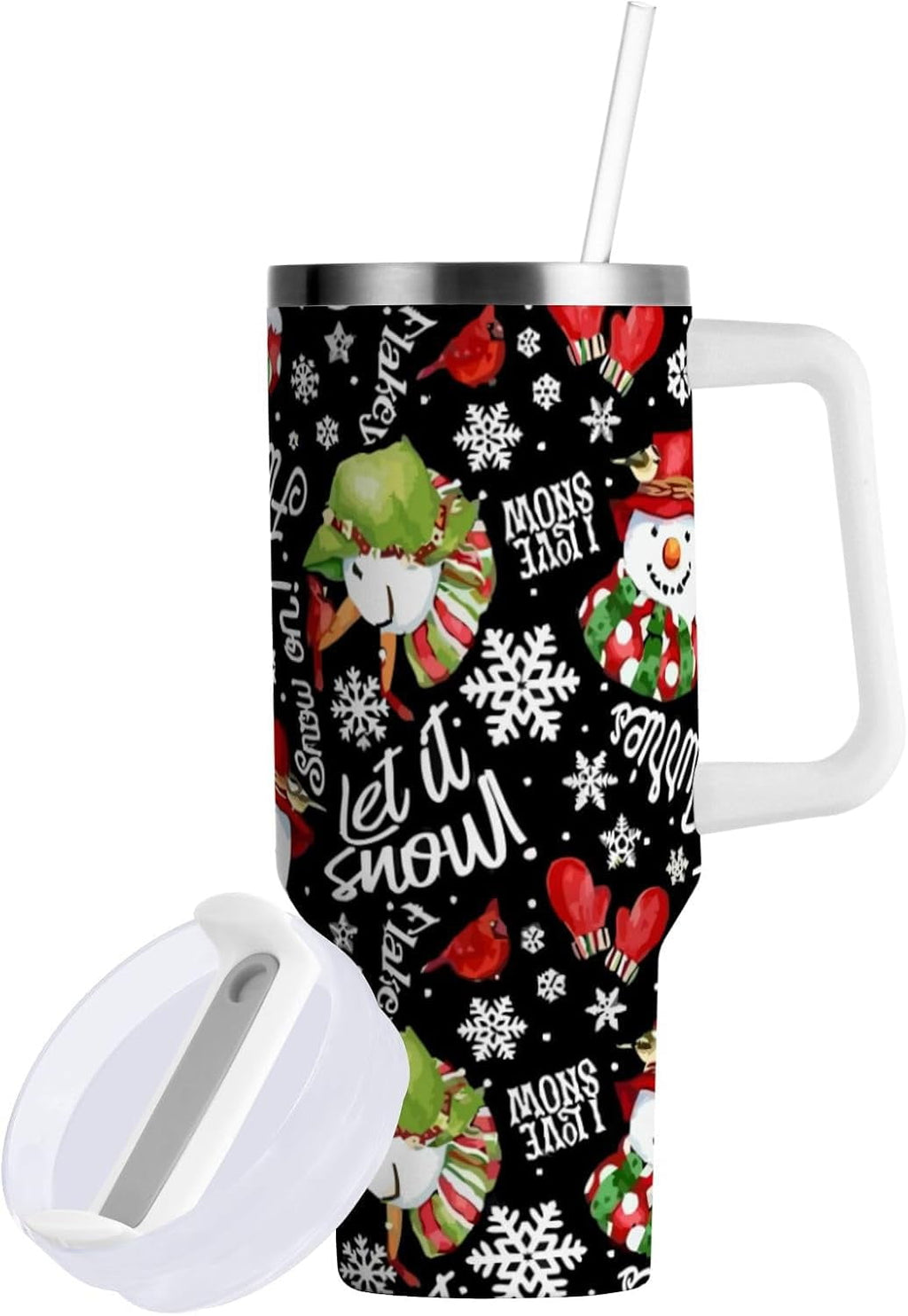 Let It Snow Tumbler Handle Lid and Straw I Love Christmas Water Bottle Stainless Steel Coffee Travel Tumbler Mug Cup Gifts for Men Women 40oz