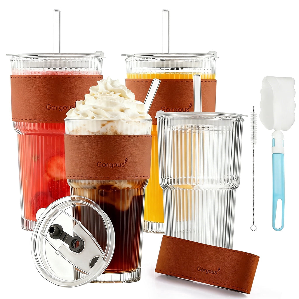 Lumikrypt 4 Pcs 20 oz Ribbed Glass Tumblers with Straw Lids, Iced Coffee Tumbler with Heat-Resistant & Antifreeze Sleeves, Thickened Glass, Ideal for Iced Coffee, Smoothies, Juices
