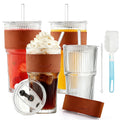 Lumikrypt 4 Pcs 20 oz Ribbed Glass Tumblers with Straw Lids, Iced Coffee Tumbler with Heat-Resistant & Antifreeze Sleeves, Thickened Glass, Ideal for Iced Coffee, Smoothies, Juices