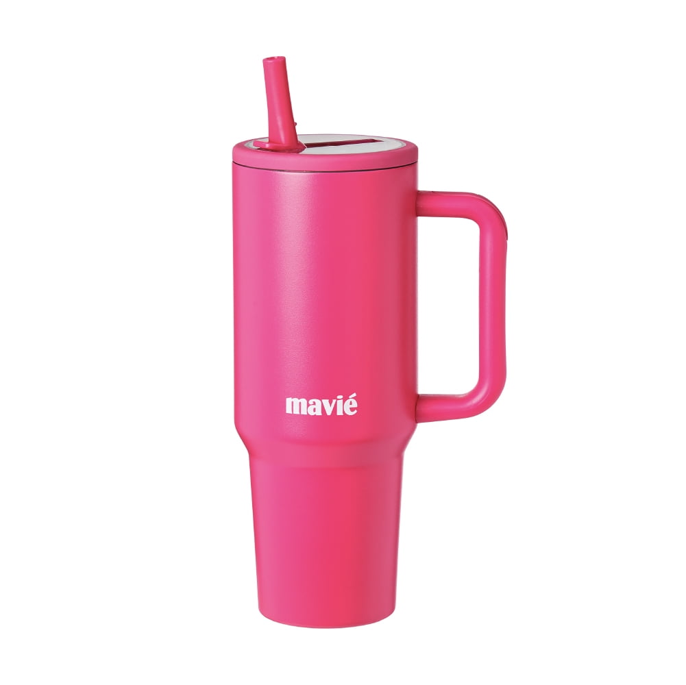 MAVIÉ 40oz Tumbler With Handle & Built-In Flip Straw, Double Insulated Stainless Steel Water Bottle With Leakproof Clear Lid, Scratch Resistant, Reusable Cup Holder Friendly Travel Coffee Mug (Pink)