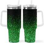 Ombre Leopard Glitter 40 oz Insulated Double Wall Stainless Steel Tumbler with Handle and Straw, Lid, Large Travel Mug Fits in Cup Holder, Cup Gift for Women(Green)