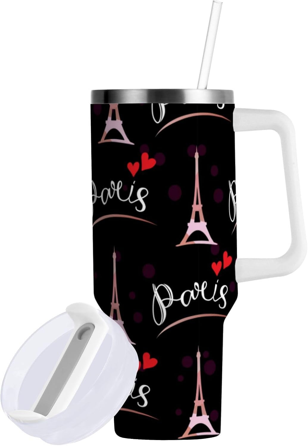 Eiffel Tower Tumbler Handle Lid and Straw Gold Glitter Stars Water Bottle Stainless Steel Coffee Travel Tumbler Mug Cup Gifts for Men Women 40oz - Tumbler