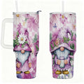Purple Floral Gnome Stainless Steel Tumbler with Handle and Straw, Insulated Travel Mug for Women, Cute Spring Flower Cup Gift