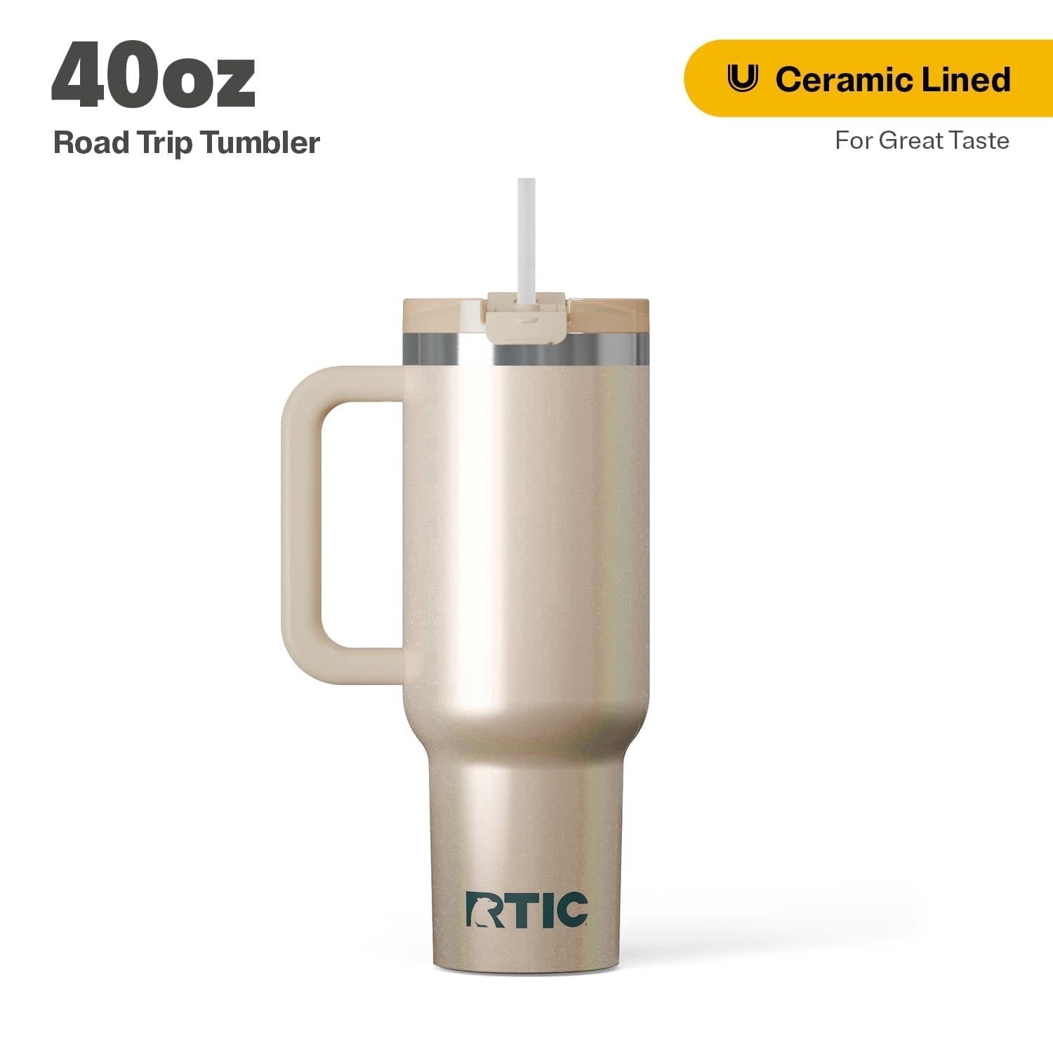 RTIC 40 oz Ceramic Lined Road Trip Tumbler with Handle and Leak-Resistant Straw Lid, White Glitter - Tumbler