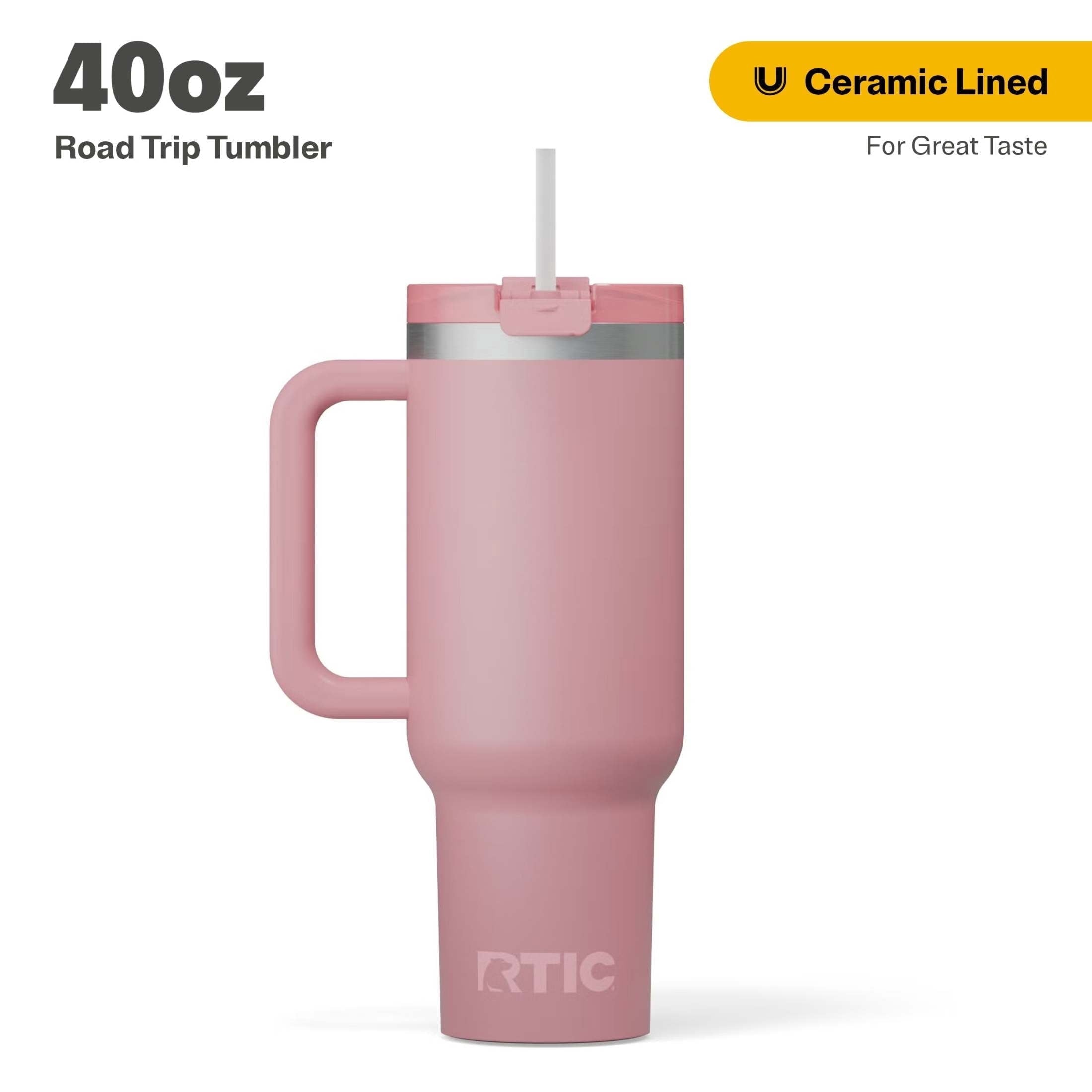 RTIC 40 oz Ceramic Lined Road Trip Tumbler with Handle and Leak-Resistant Straw Lid, Beach