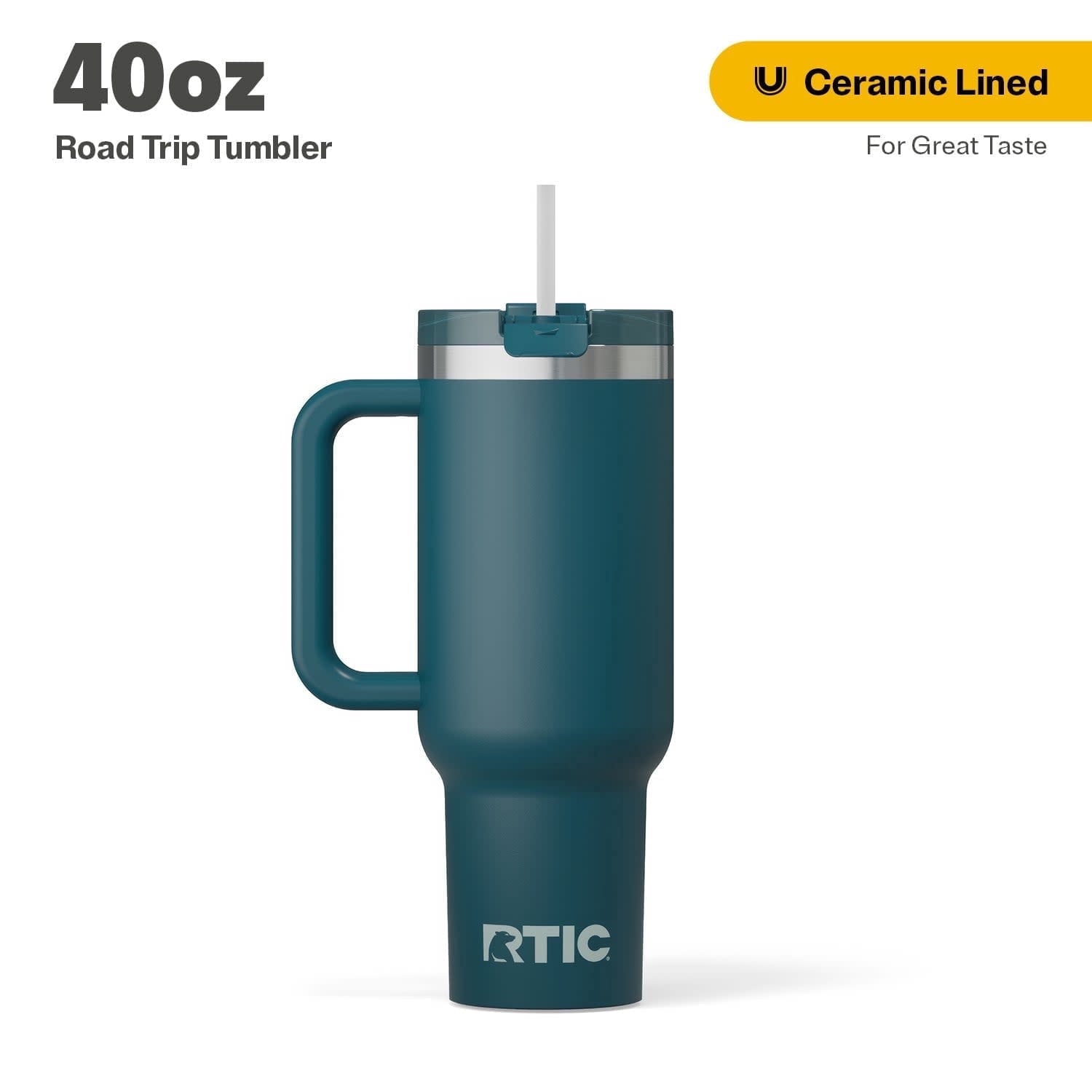 RTIC 40 oz Ceramic Lined Road Trip Tumbler with Handle and Leak-Resistant Straw Lid, Beach