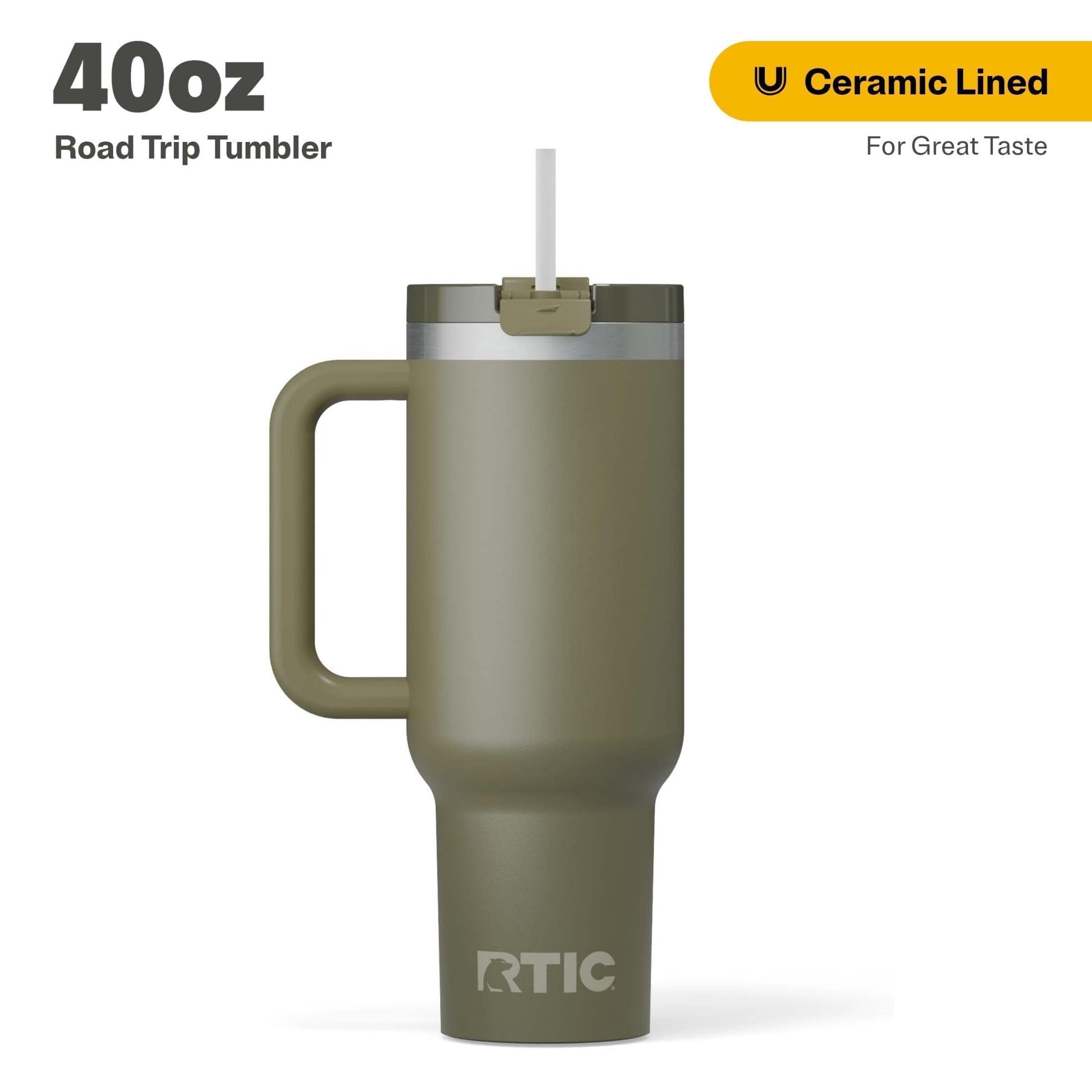 RTIC 40 oz Ceramic Lined Road Trip Tumbler with Handle and Leak-Resistant Straw Lid, Beach