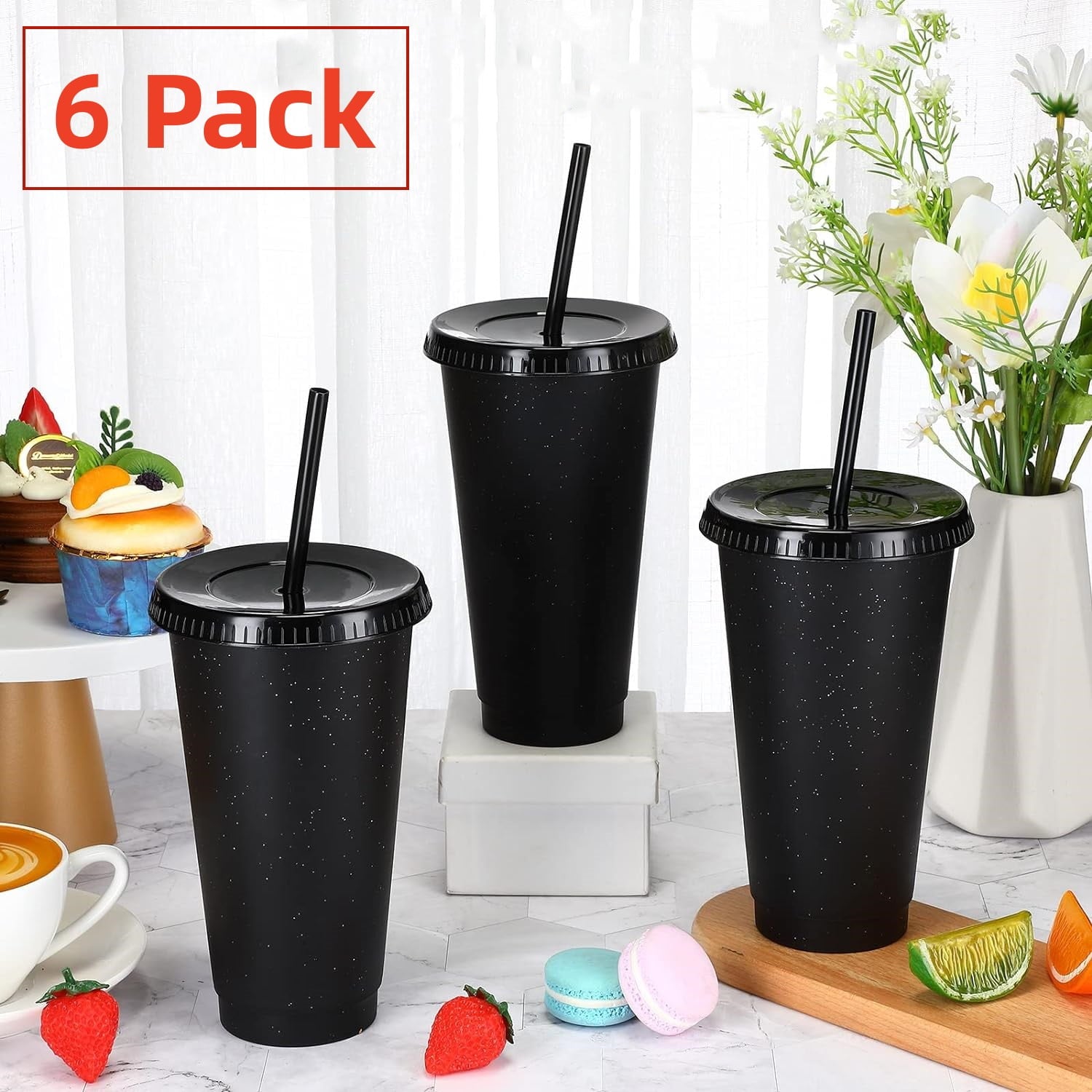 Reusable Plastic Tumblers with Lids & Straws - 6 Pcs 24oz Large Glitter Tumbler Cups for Adults Kids Women Party | Tall Iced Cold Straw Drinking Cute Tumbler Cup Bulk(Black)