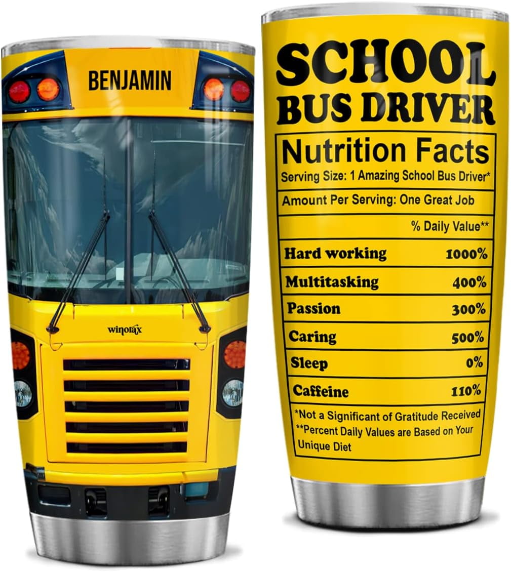 School Bus Driver Gifts Personalized Drivers Tumbler Stainless Steel Insulated Coffee Travel Mug Cup With Lid 20oz 30oz Custom Name Birthday Christmas Appreciation Gift For Women Men
