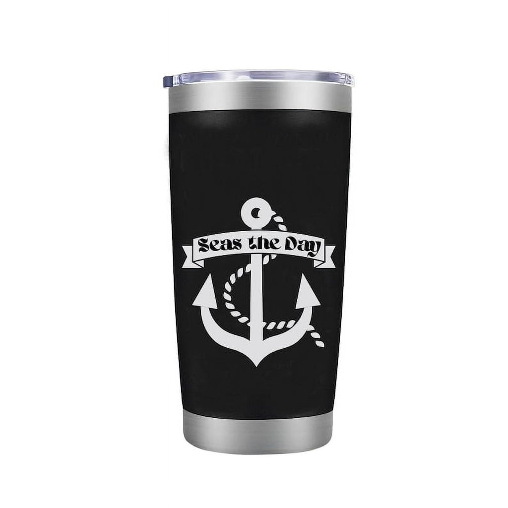 Seas the Day - 20 oz - Cute Funny Nautical Themed Birthday Gift for Ocean Lovers & Sailors - Insulated Coffee Tumbler Cup with Sliding Lid