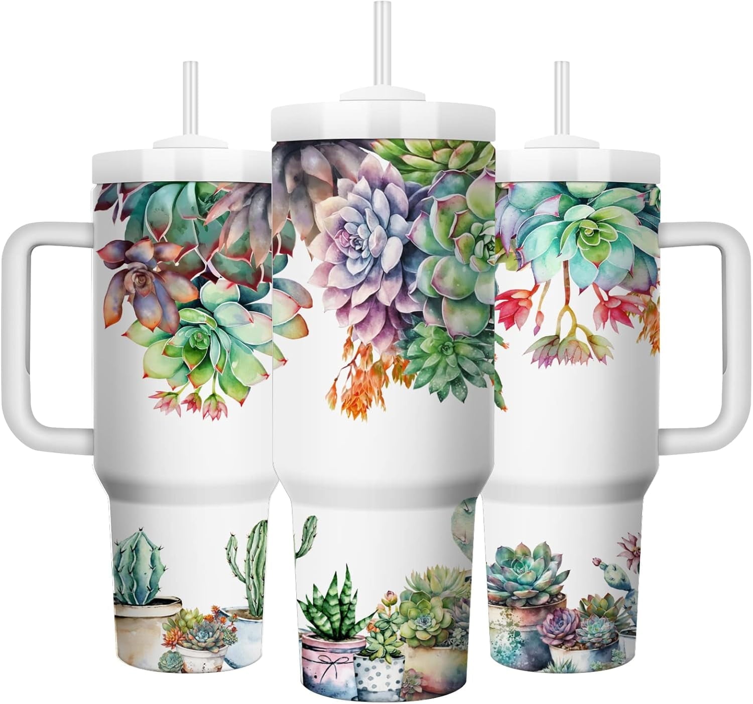 Succulents 40oz Stainless Steel Travel Mug Tumbler with Handle, Double Wall Vacuun Insulated Cup with Lid and Straw