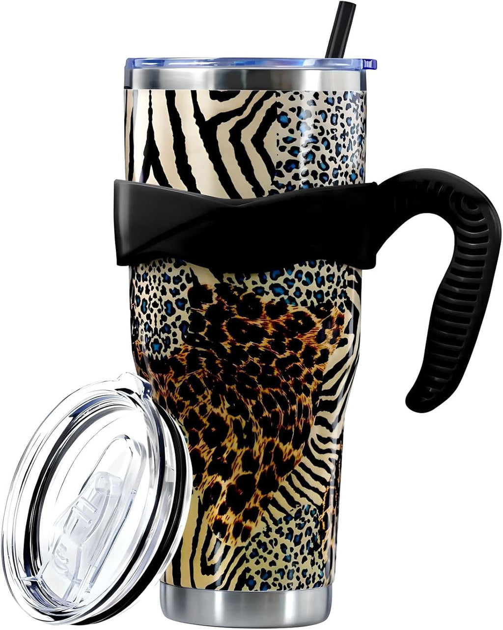 Sunmdecor Pink Leopard Print Tumbler with Handle and Silicone Straws - 40 Oz Cheetah Insulated Tumbler - Leopard Cup Gift for Women - Insulated Tumbler