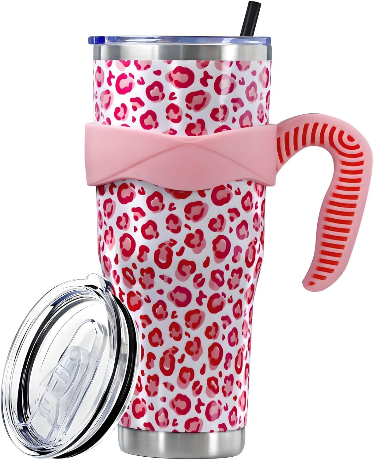 Sunmdecor Pink Leopard Print Tumbler with Handle and Silicone Straws - 40 Oz Cheetah Insulated Tumbler - Leopard Cup Gift for Women - Tumbler