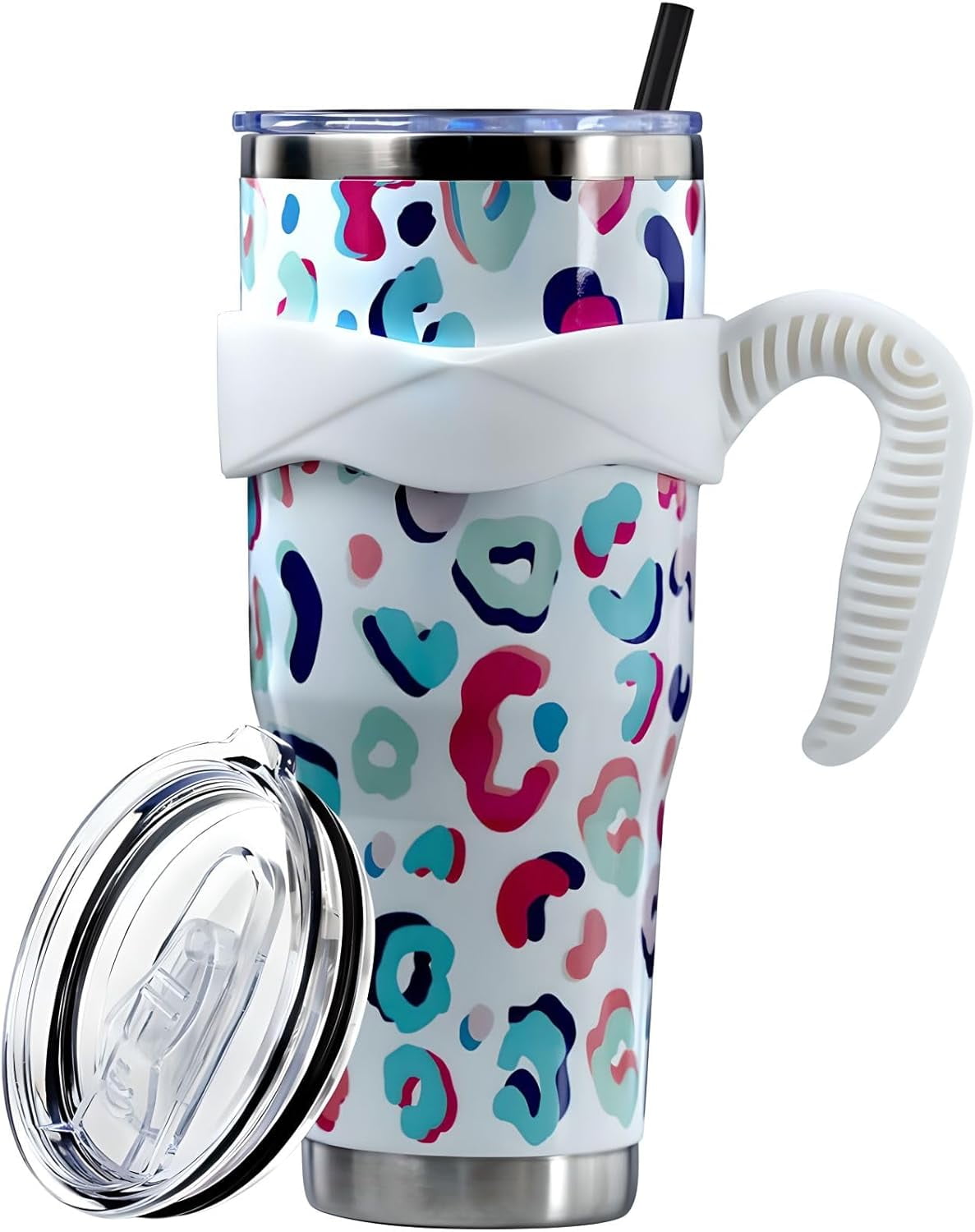 Sunmdecor Pink Leopard Print Tumbler with Handle and Silicone Straws - 40 Oz Cheetah Insulated Tumbler - Leopard Cup Gift for Women - Tumbler