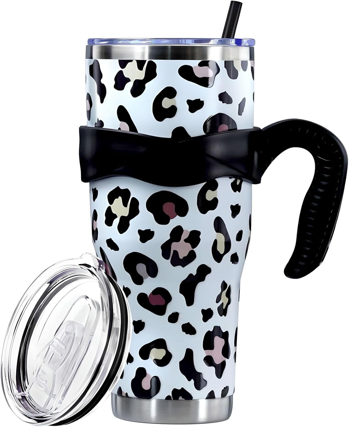 Sunmdecor Pink Leopard Print Tumbler with Handle and Silicone Straws - 40 Oz Cheetah Insulated Tumbler - Leopard Cup Gift for Women - Tumbler