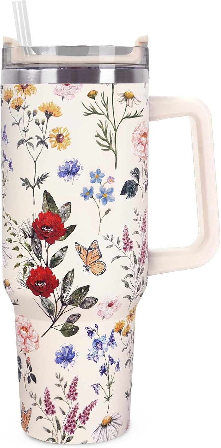 Vintage Wildflower Tumbler with Handle Lid Straw 40 Oz Spring Floral Stainless Steel Cup Retro Colorful Flower Travel Mug Iced Coffee Hot Drink Tumbler for Women Girls Gifts Party Favor