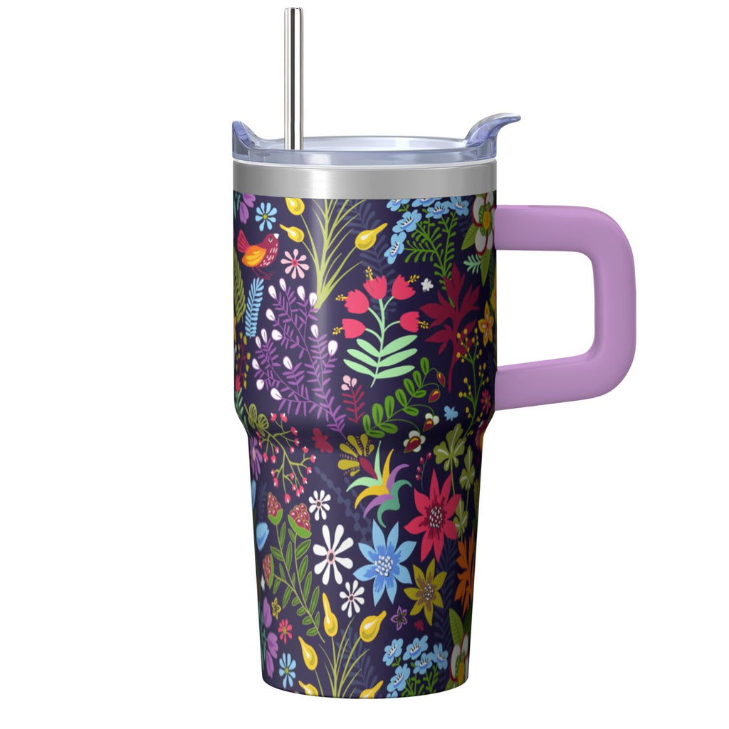 Women's Gift 20oz Floral Tumbler, Stainless Steel Insulated Travel Coffee Cup with Handle, Comes with Straw and Leak-Proof Top