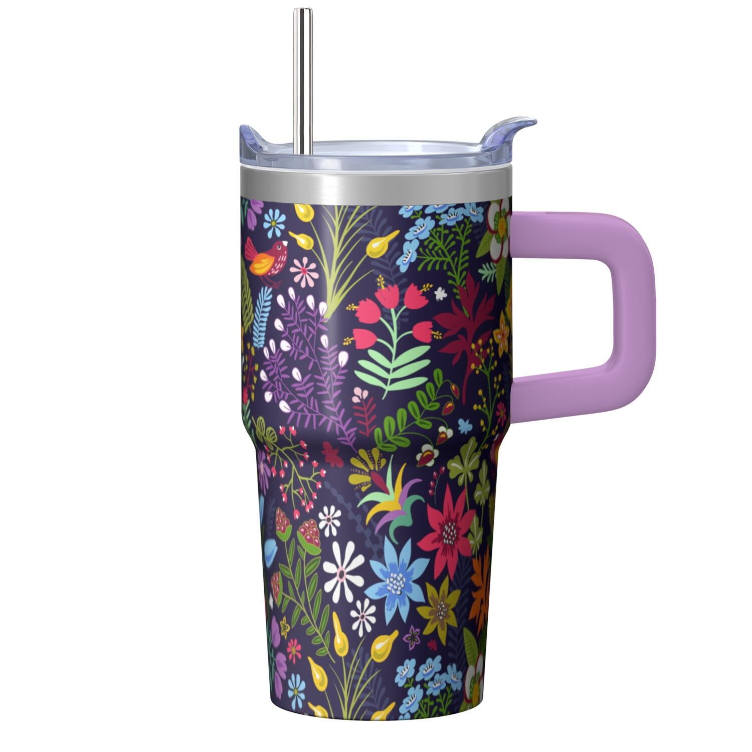Women's Gift 20oz Floral Tumbler, Stainless Steel Insulated Travel Coffee Cup with Handle, Comes with Straw and Leak-Proof Top