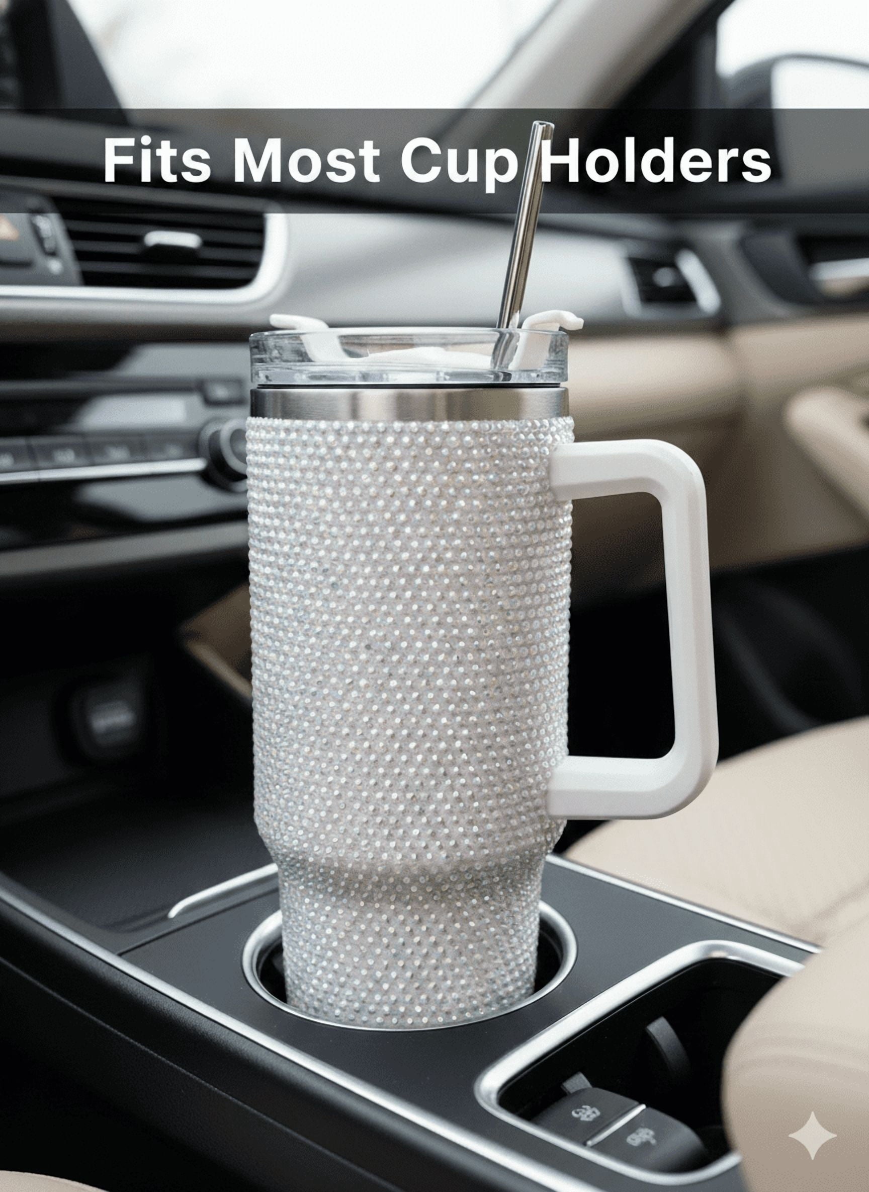 Thirstee 40 oz Rhinestone Tumbler with Handle and Metal Straw Lid, White Bling Insulated Travel Mug