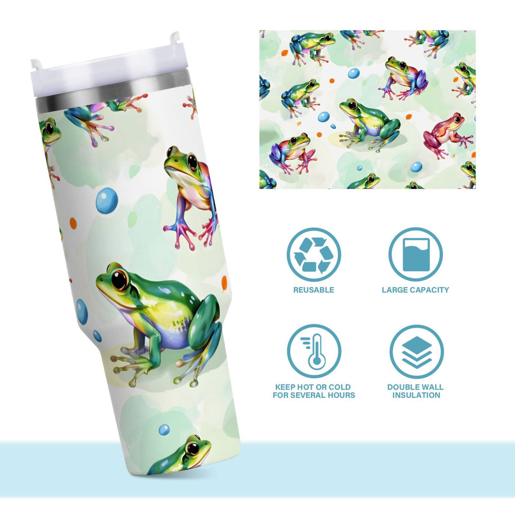 Ryvnso 40 oz Tumbler with Handle and Straw Cartoon Frogs Green Insulated Stainless Steel Travel Mug with Lid