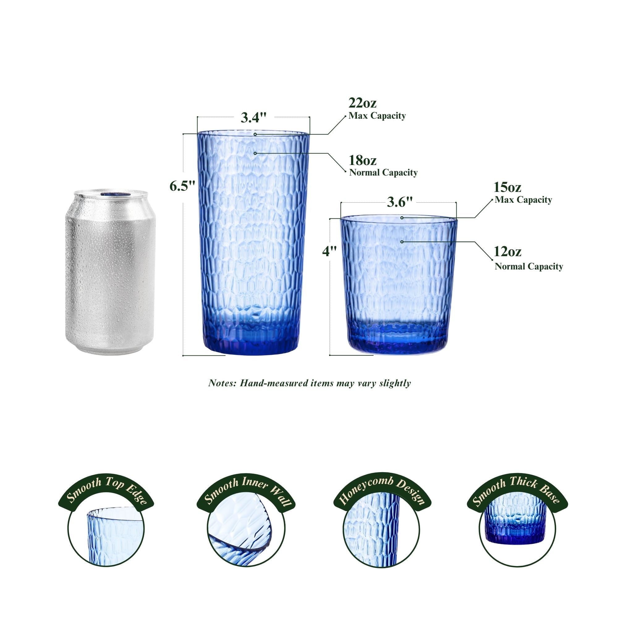 MIYOPESI 22oz Blue Acrylic Glasses Drinkware (Set of 6), Honeycomb BPA-Free Shatter-Proof Plastic Tumblers
