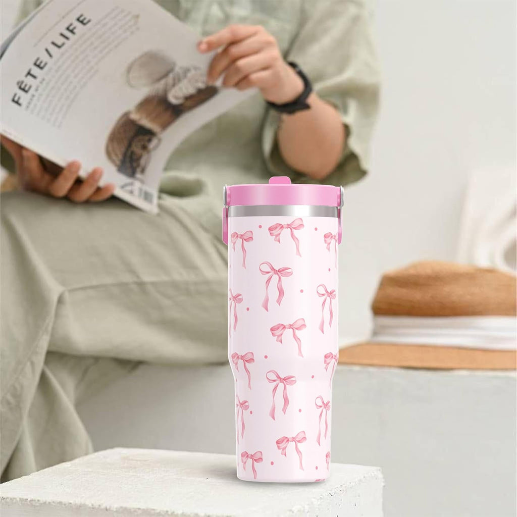 30 oz Bow Tumbler with Straw Handle, Gifts for Women Who Loves Bow, Stainless Steel Insulated Water Bottle Coffee Cups for Home Office Travel