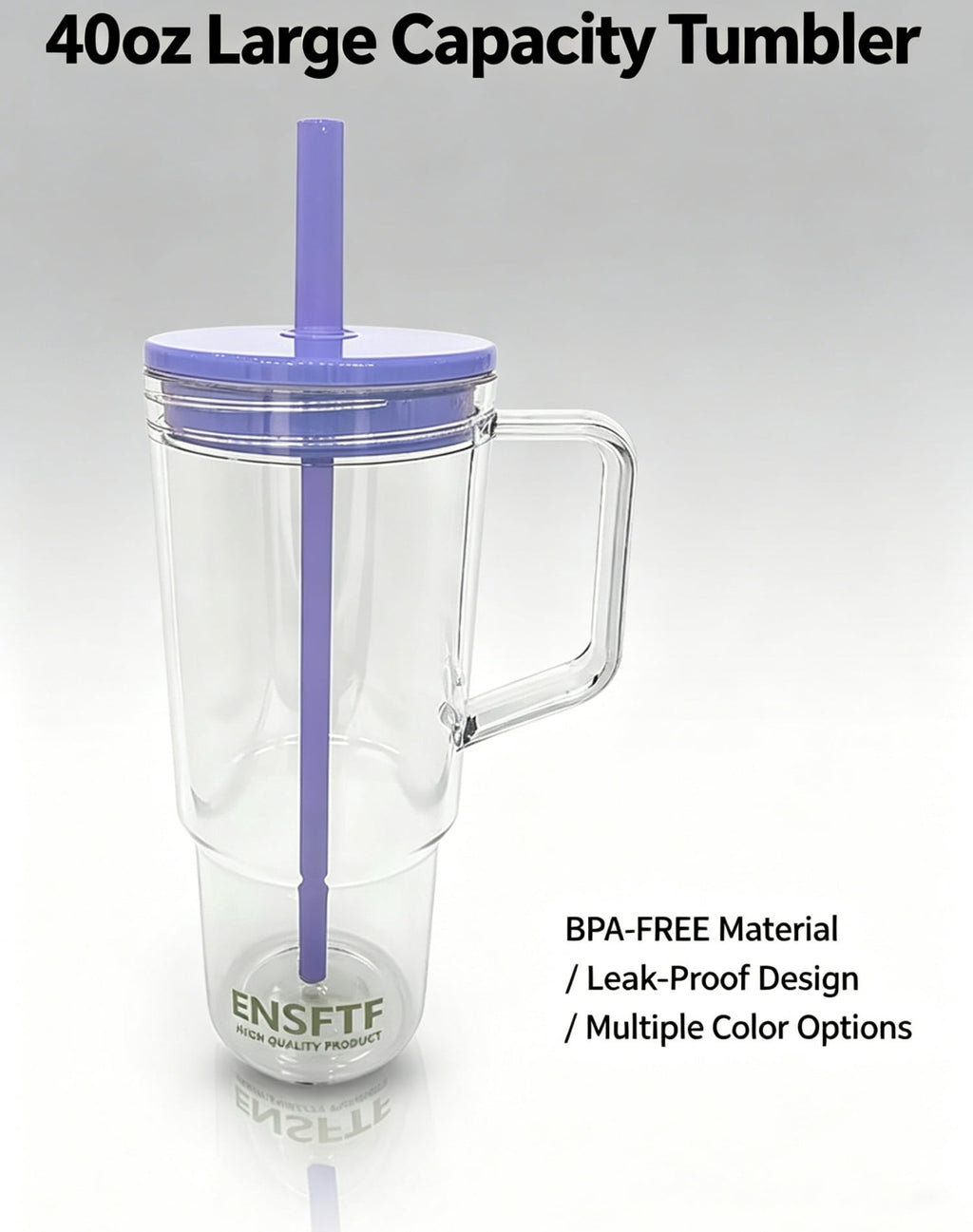40 oz Insulated Clear Tumbler with Handle, Lid, and Straw — Reusable, Suitable for Hot & Cold Drinks, Double-Walled Plastic Water Bottle | Crystal Clear | Purple