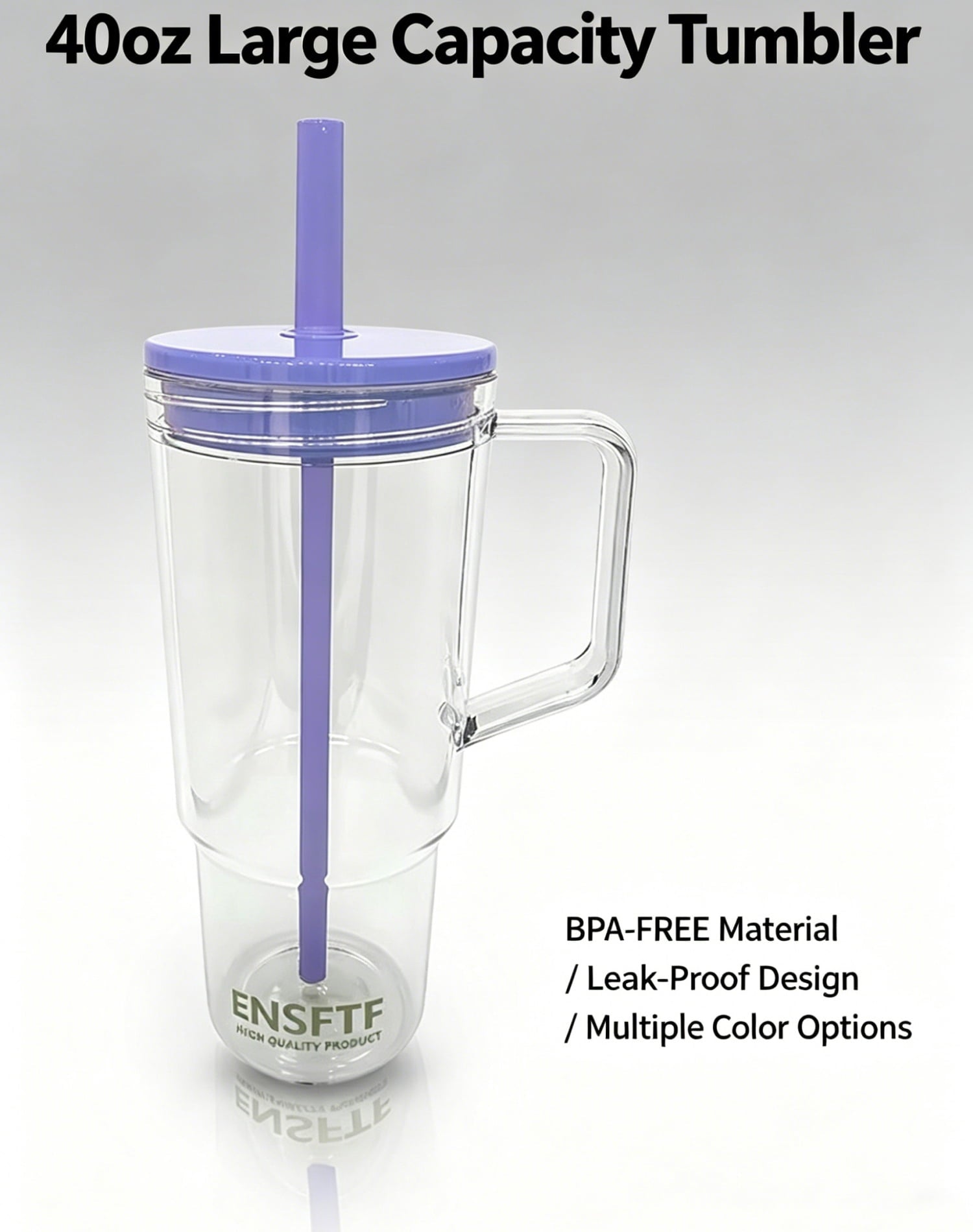 40 oz Insulated Clear Tumbler with Handle, Lid, and Straw — Reusable, Suitable for Hot & Cold Drinks, Double-Walled Plastic Water Bottle | Crystal Clear | Purple