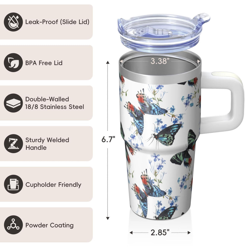 20OZ Travel Tumbler with Handle Straw Leak Proof Lid Insulated Stainless Steel Mug Double Wall Vacuum Design Keeps Cold for 34 Hours Portable Cup Holder Fit Reusable Drinkware Butterfly Pattern
