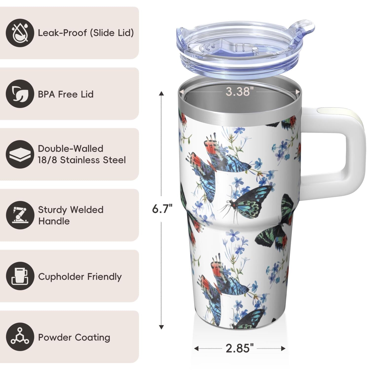 20OZ Travel Tumbler with Handle Straw Leak Proof Lid Insulated Stainless Steel Mug Double Wall Vacuum Design Keeps Cold for 34 Hours Portable Cup Holder Fit Reusable Drinkware Butterfly Pattern