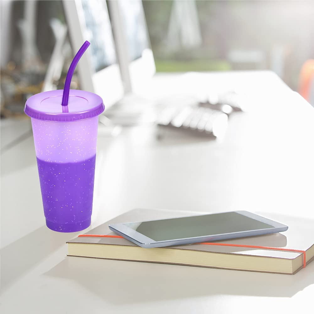 Color Changing Cups with Lid & Straw - 5 Pack Confetti Reusable Plastic Tumblers / 24oz Party Ice Cold Drinking Straw Cup for Kids Adults