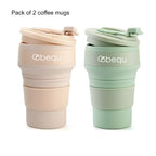 BEQU 500ml/17 Fl Oz Collapsible Silicone Coffee Mug Tumbler, Reusable, BPA Free, Dishwasher-Safe, Leak Proof, Use for Home Office Sports Travel Gym Camping Hiking (2PK Pink-Green)