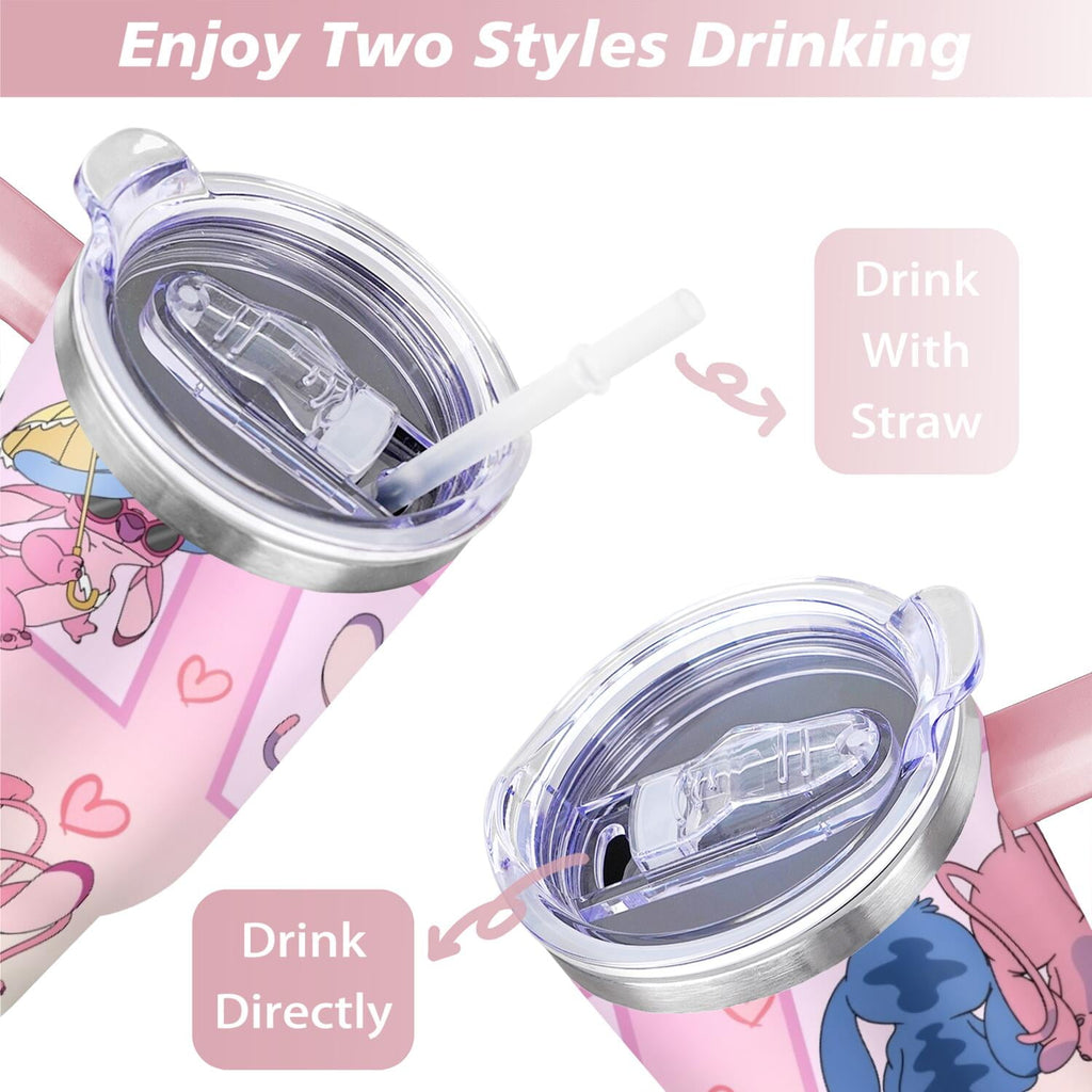 40oz Cartoon Movie Stainless Steel Tumbler with Lid and Straw,Spill Proof Cartoon Travel Cup for Cartoon Lovers Double Wall Vacuum Insulated Coffee Mug with Handle Pink