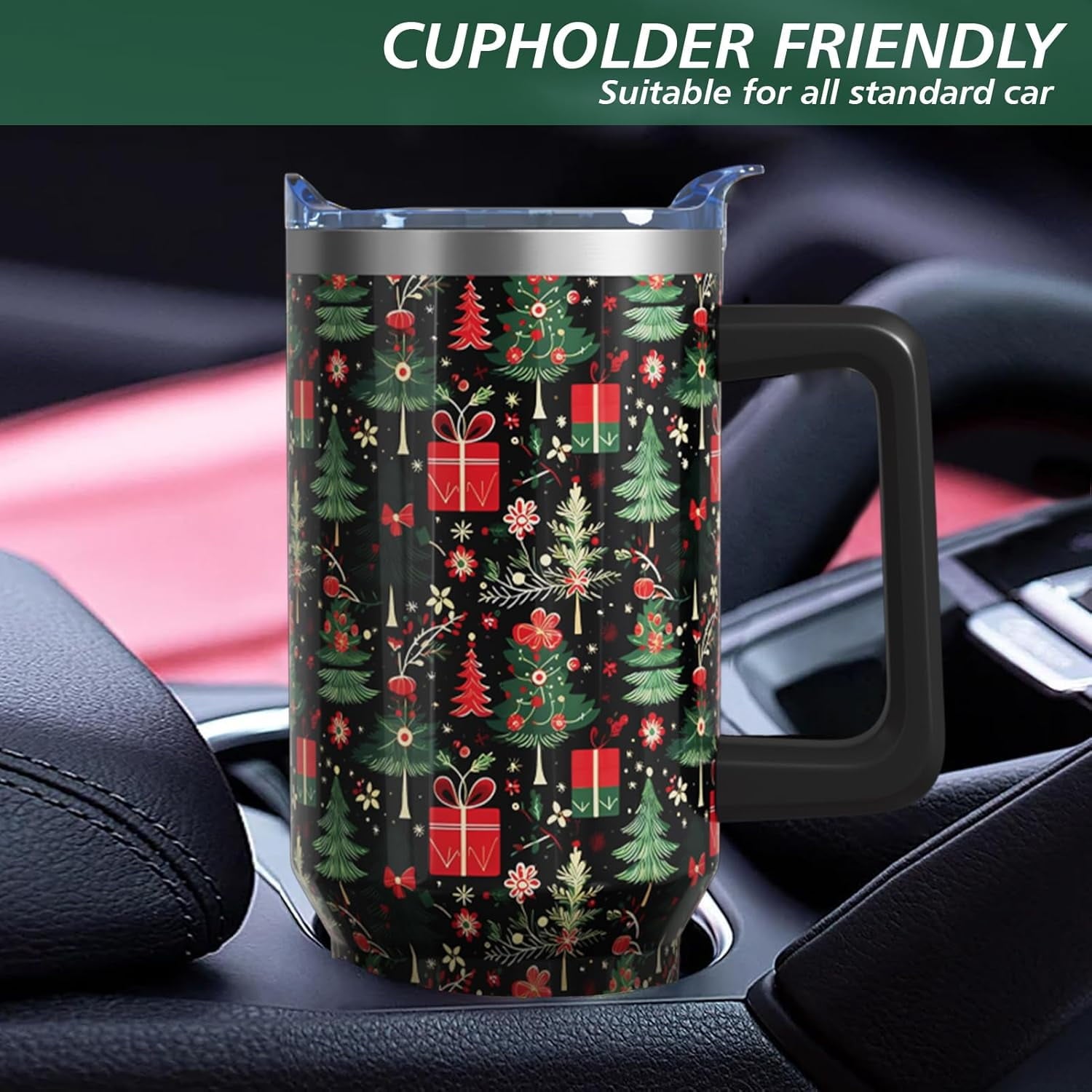 Christmas Gifts 40 Oz Tumbler with Handle and Straw, Green Xmas Tree Stainless Steel Insulated Cup Water Bottle, Retro Holiday Gifts for Women Men (1PC)