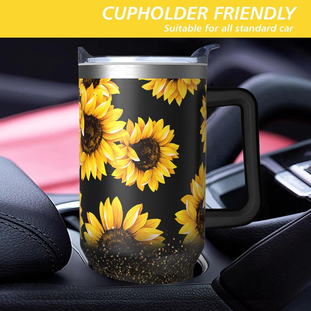 Sunflower Gifts Cup for Women Girls, 40oz Tumbler with Handle and Straw Lid, Stainless Steel Double Walled Insulated Mug Water Bottle, Sun Flowers Floral Lover Birthday Gift Idea