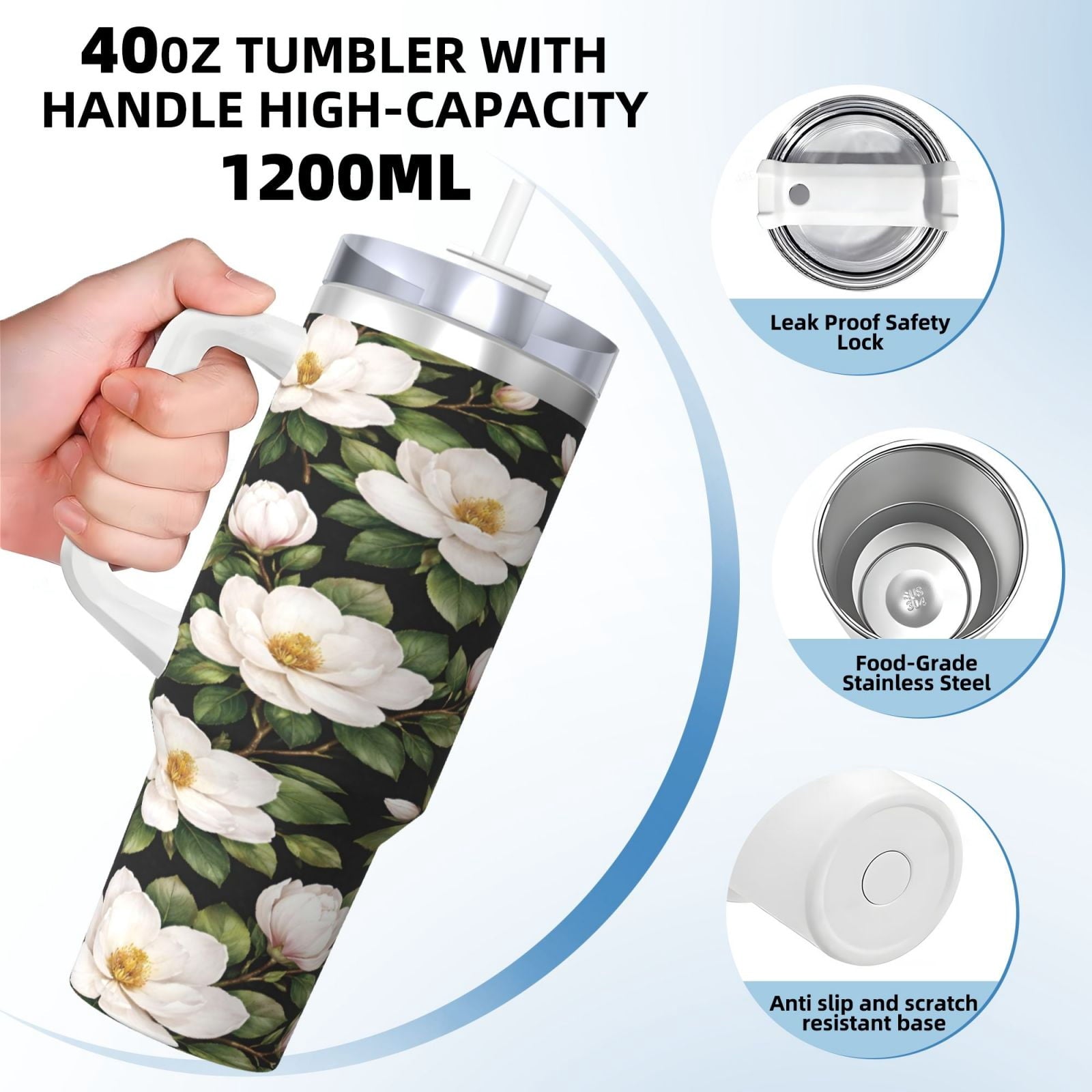 White Magnolia Floral Cup Insulated Tumbler Stainless Steel Vacuum Travel Mug 40 oz with Handle and Straw Lid