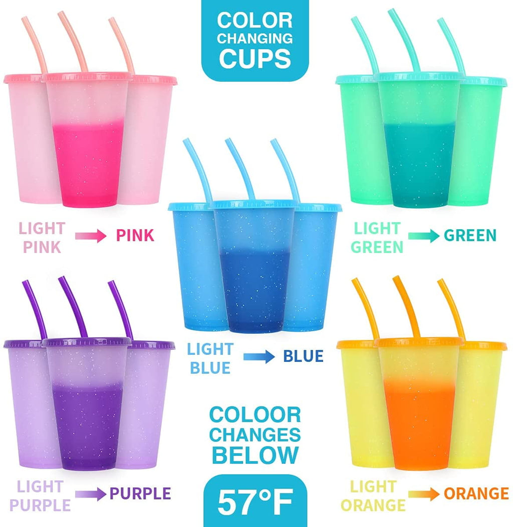 Color Changing Cups with Lid & Straw - 5 Pack Confetti Reusable Plastic Tumblers / 24oz Party Ice Cold Drinking Straw Cup for Kids Adults