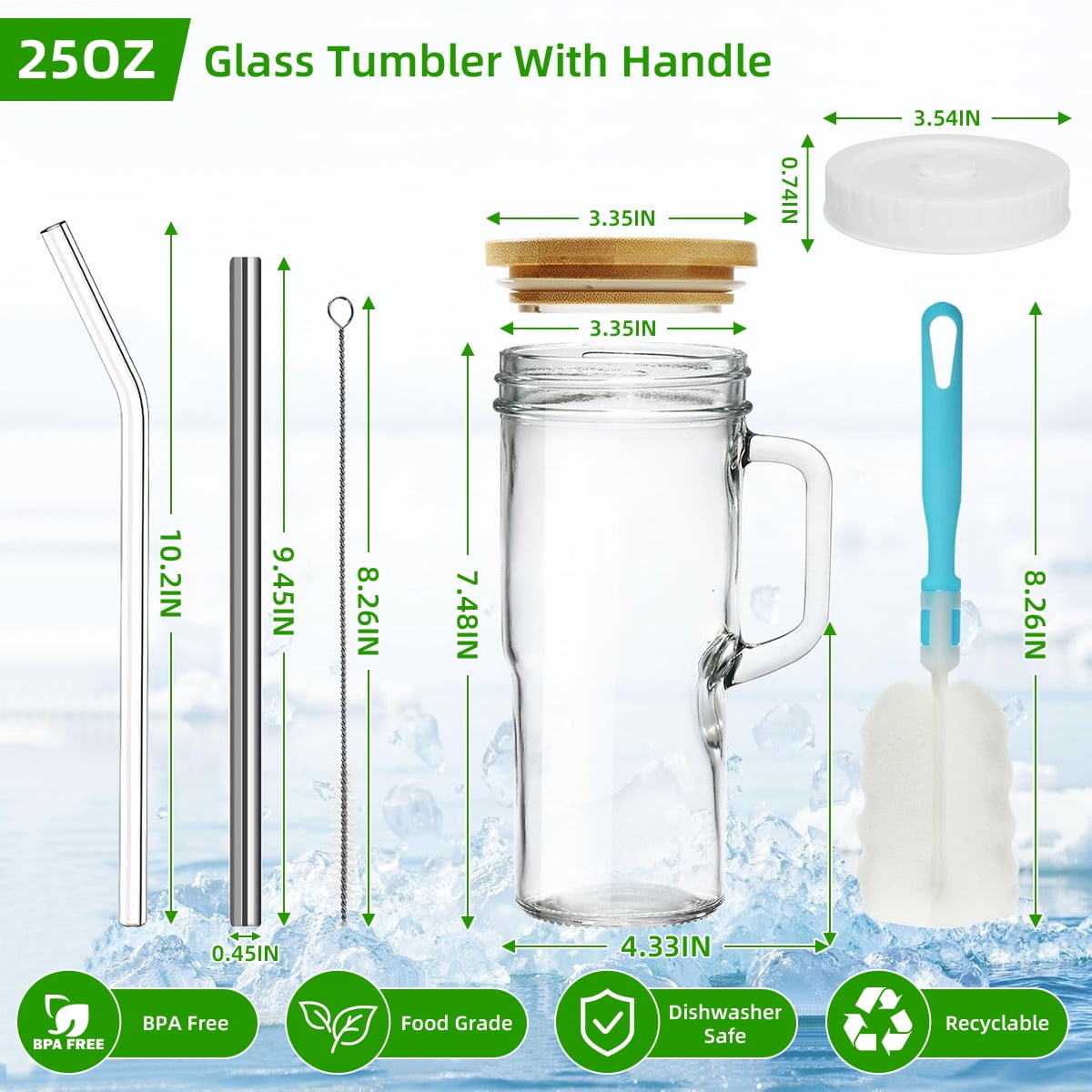 GPED 4 Pack Glass Tumbler with Handle, 25 oz Glass Cups with Bamboo Lids and Straws, Mason Jar with Wide Mouth Reusable Drinking Glasses for Iced Coffee Smoothie Matcha Cocktail Whiskey Milk