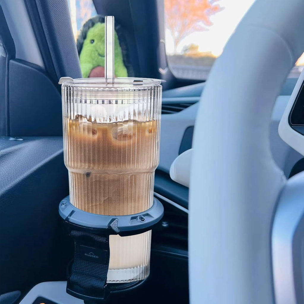 20 oz Ribbed Glass Tumblers with Lids and Glass Straws – 4-Piece Glassware Set, Thickened Glass, Ideal for Iced Coffee, Smoothies, Cocktails, and Juices – Elegant and Durable Drinkware