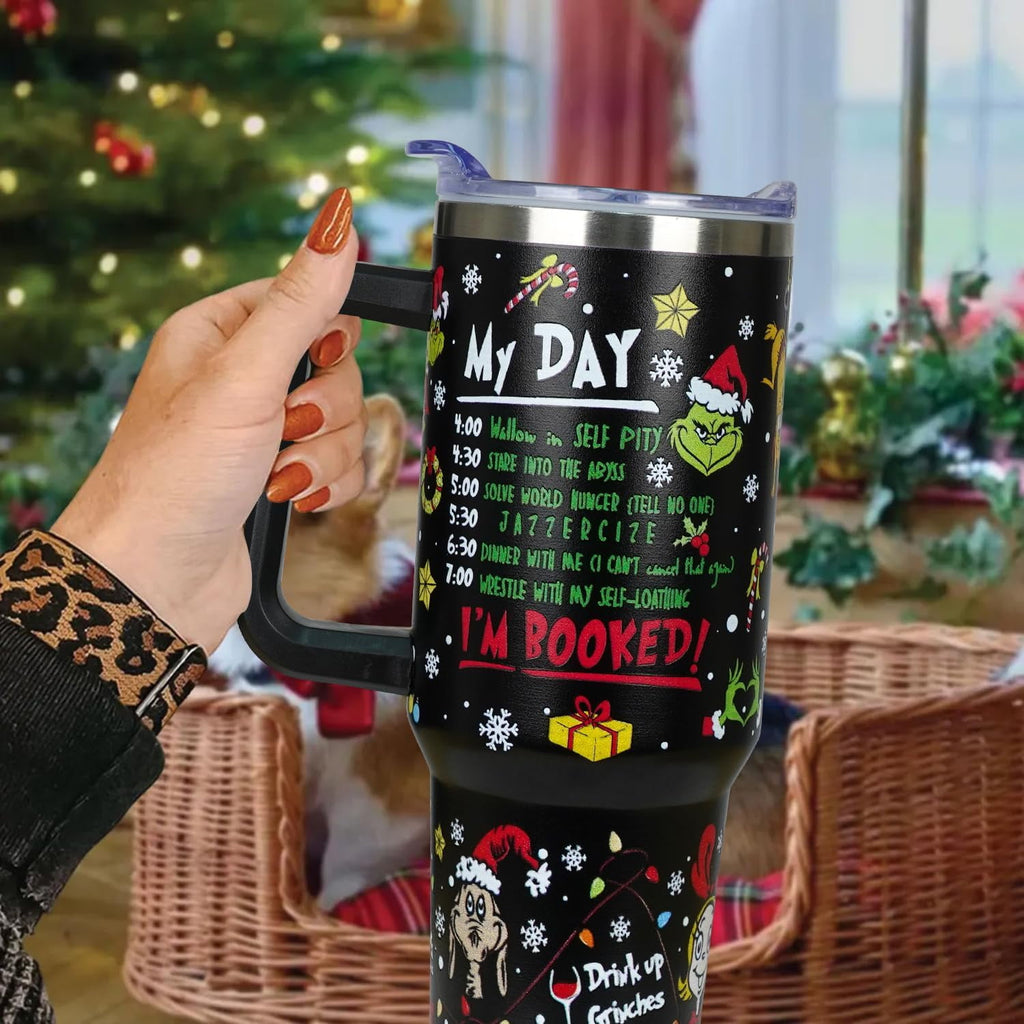 40 oz Christmas Tumbler with Handle Gifts for Girls Daughter Women, Christmas Stainless Steel Insulated Coffee Cups Tumblers with Lids and Straws, Black