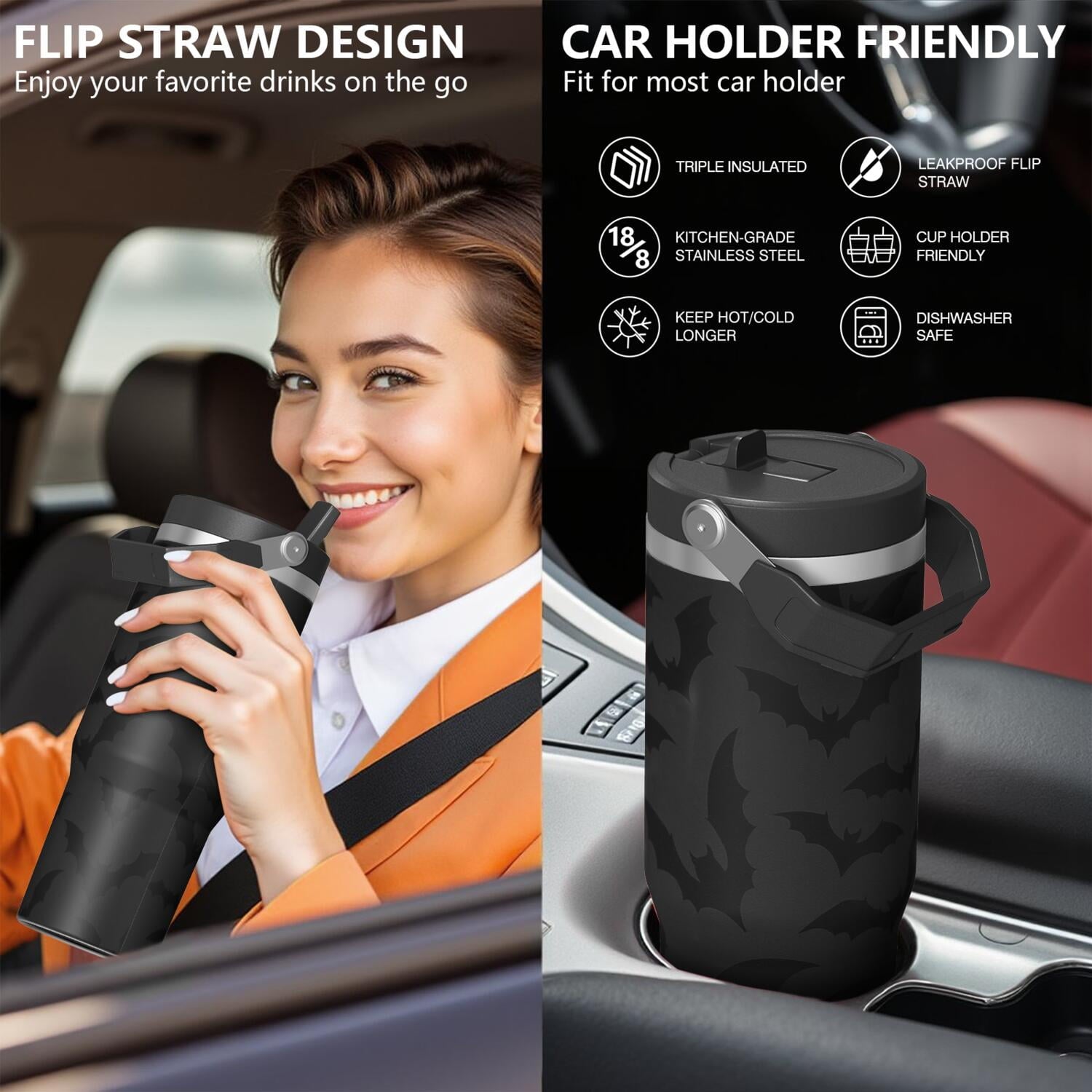 1pc Halloween Bat 30oz Tumbler with Straw & Handle - Insulated Stainless Steel Cup | Holiday Gift for Man Women (Christmas, Valentine's, Birthday)