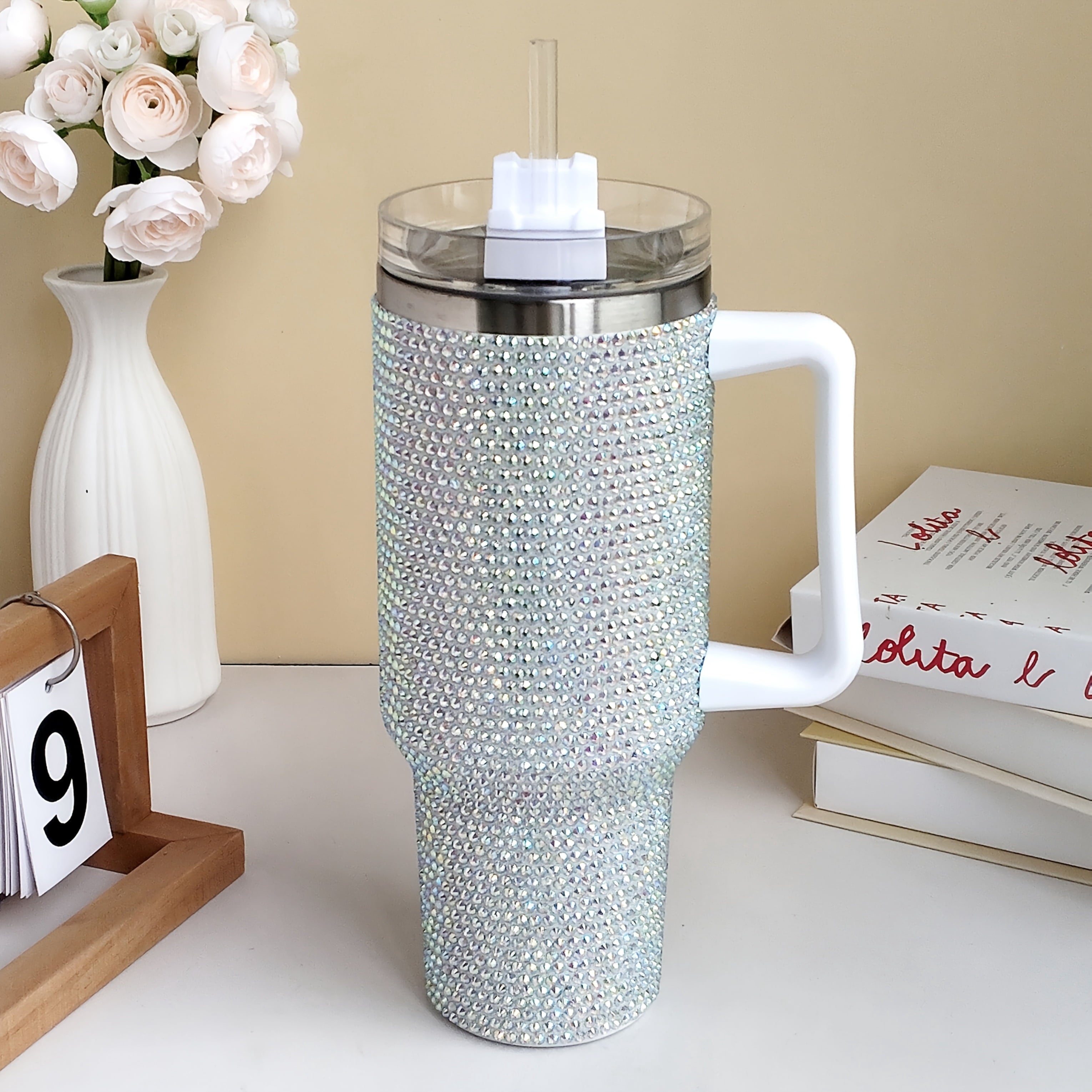 40oz Studded Bling Tumbler with Handle and Straw, Insulated Stainless Steel Double Wall Travel Mug, Rhinestone Diamond Water Cup, Car Cup Holder Friendly, Gifts for Women