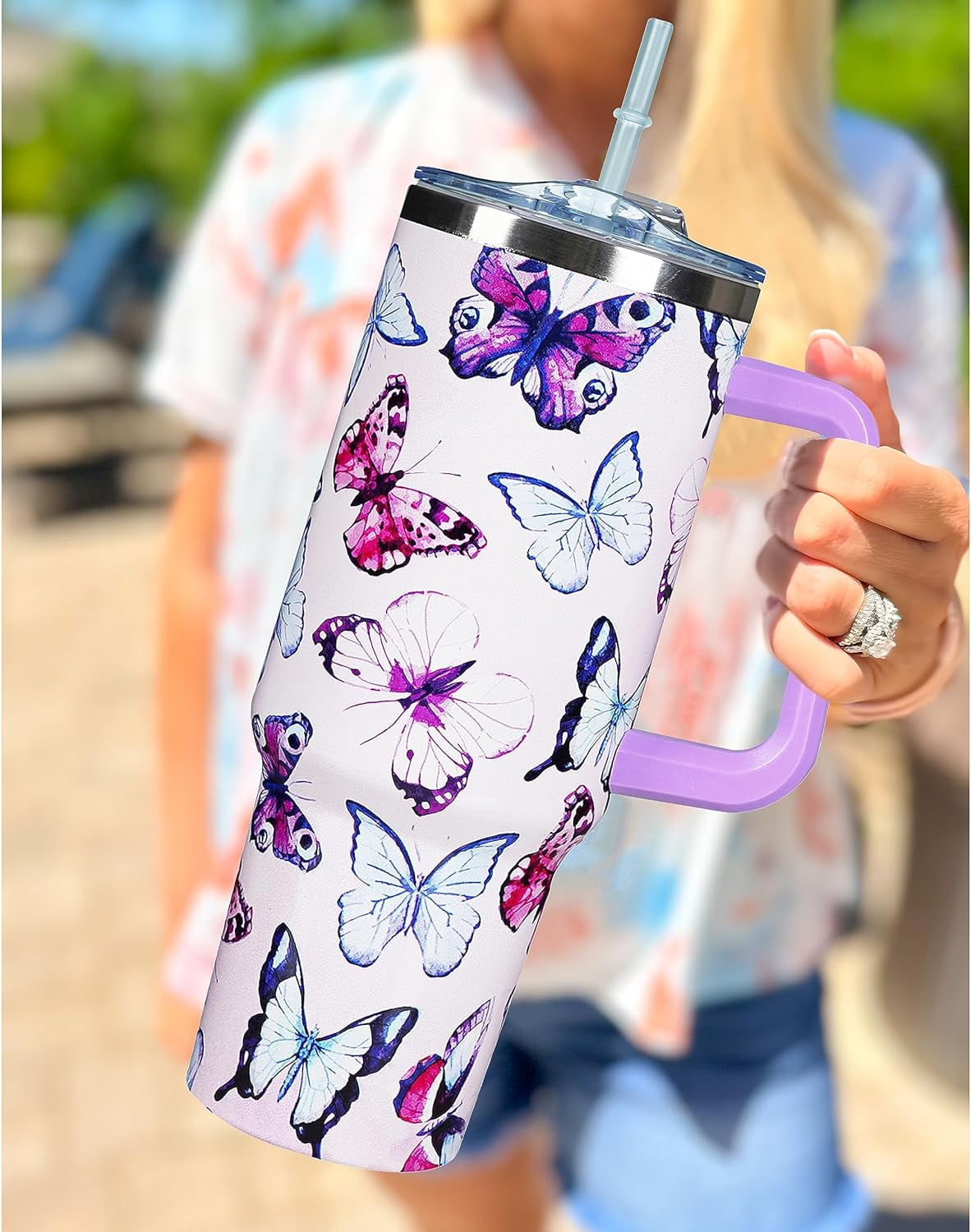 40 Oz Tumbler With Handle 40oz Purple Butterfly Tumbler With Lid Straw Double Insulated Travel Coffee Mug Butterfly Gifts For Women