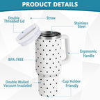 40 oz Tumbler with Handle Lid and Straw Insulated Water Tumbler Stainless Steel Water Cup Mug Bottle Reusable Cup Holder Friendly Polka Dot White