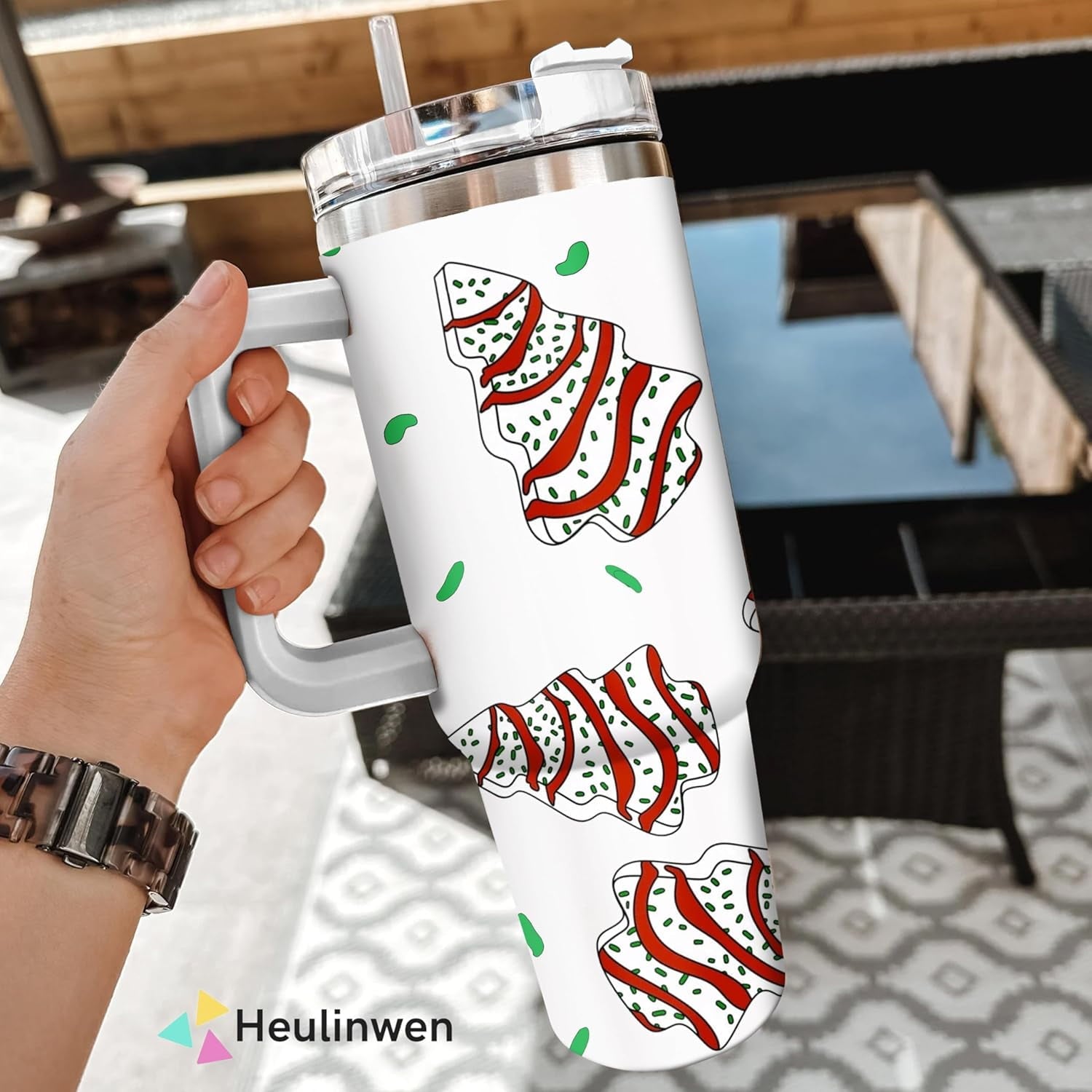 Christmas Tree Cakes Tumbler Christmas Gifts for Women - Christmas 40 oz White Tumbler with Handle and Straw - Stainless Steel Insulated Travel Tumbler - Merry Christmas Holiday Coffee Mug