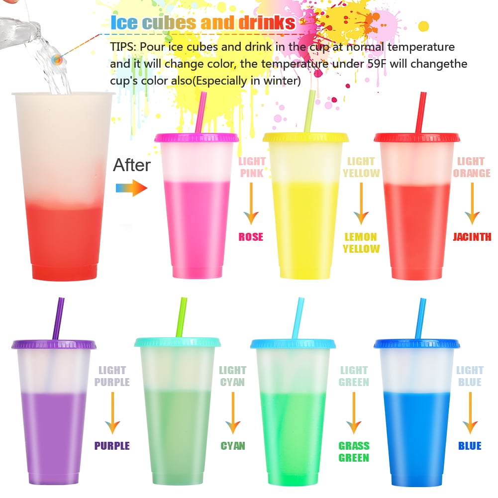 Triani 7 Pack Color Changing Plastic Tumblers- 24 oz Color Changing Cups with Lids and Straws - Reusable Summer Coffee Drinking Tumblers Cups for Kids & Adults, BPA Free